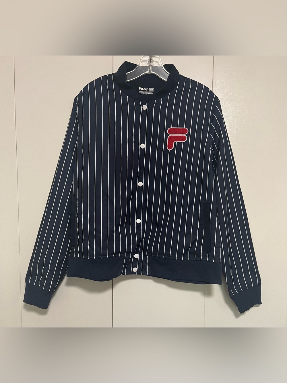 Fila Pinstripe Lakeland Snap Button Jacket Navy Baseball Varsity Style Men’s XL
